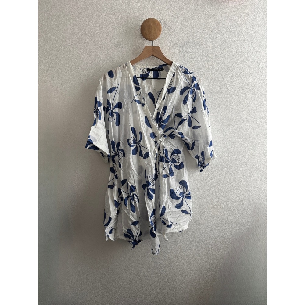 Gudrun Sjoden Blue White Floral Cotton Wrap Top Dress Size S/M